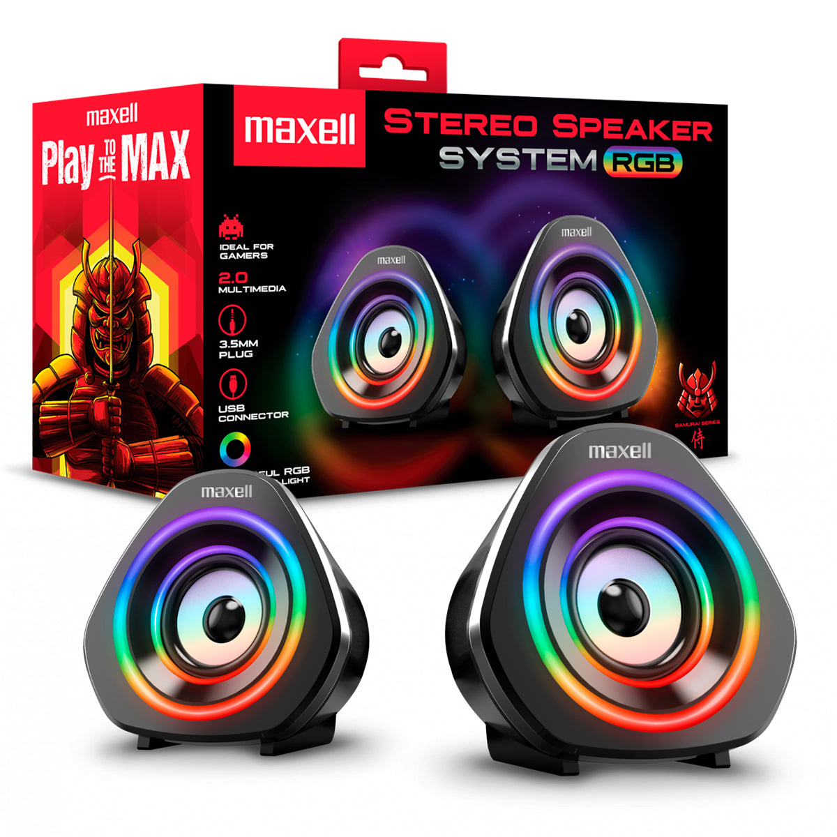 Parlantes Gaming SSG-700 Maxell Samurai Series Altavoz RGB Amplia Compatibilidad USB-A + Jack 3.5mm