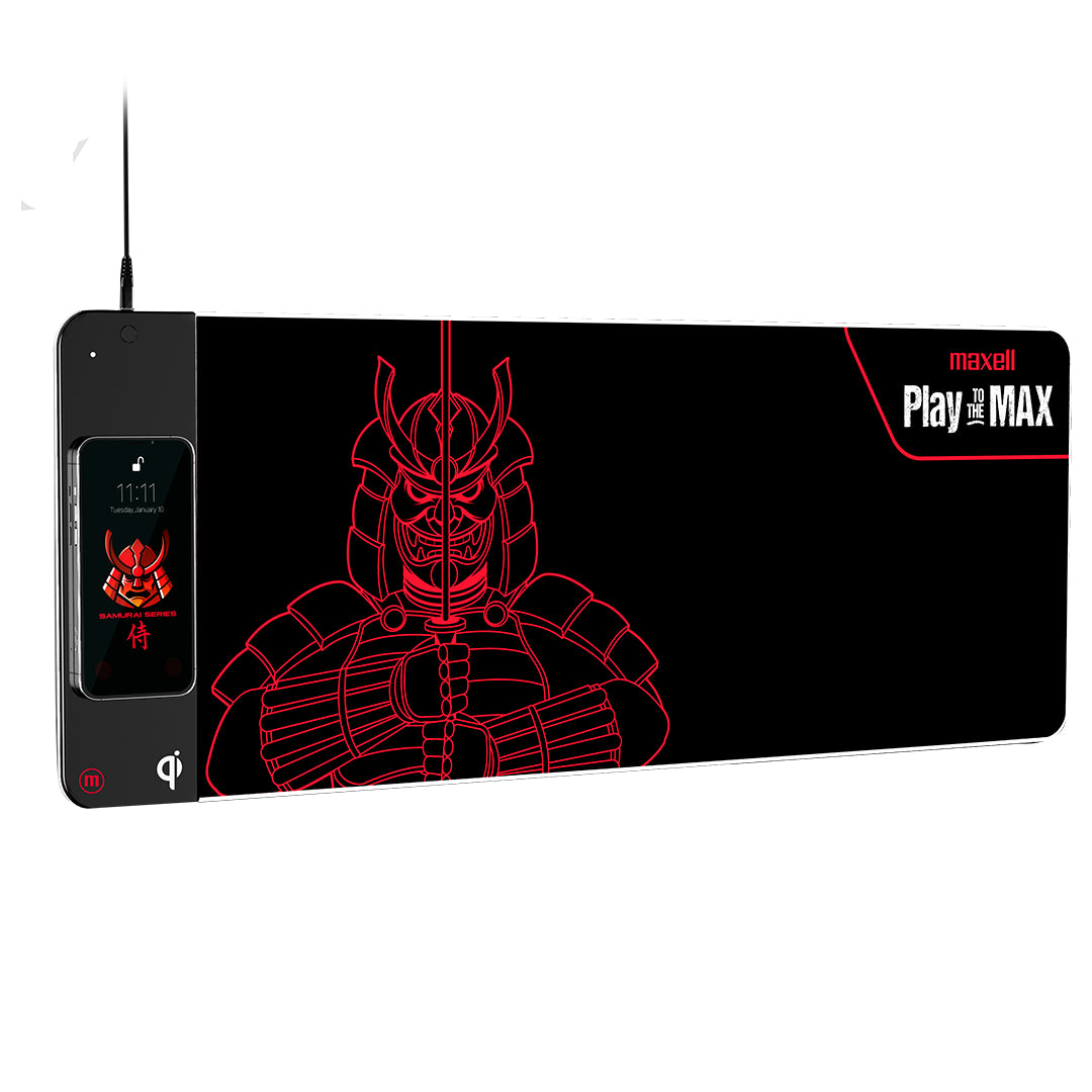 Mouse Pad Gamer Qi 10w Maxell Samurai Series + Almohadillas Reposamuñecas Impermiable RGB 80x30cm