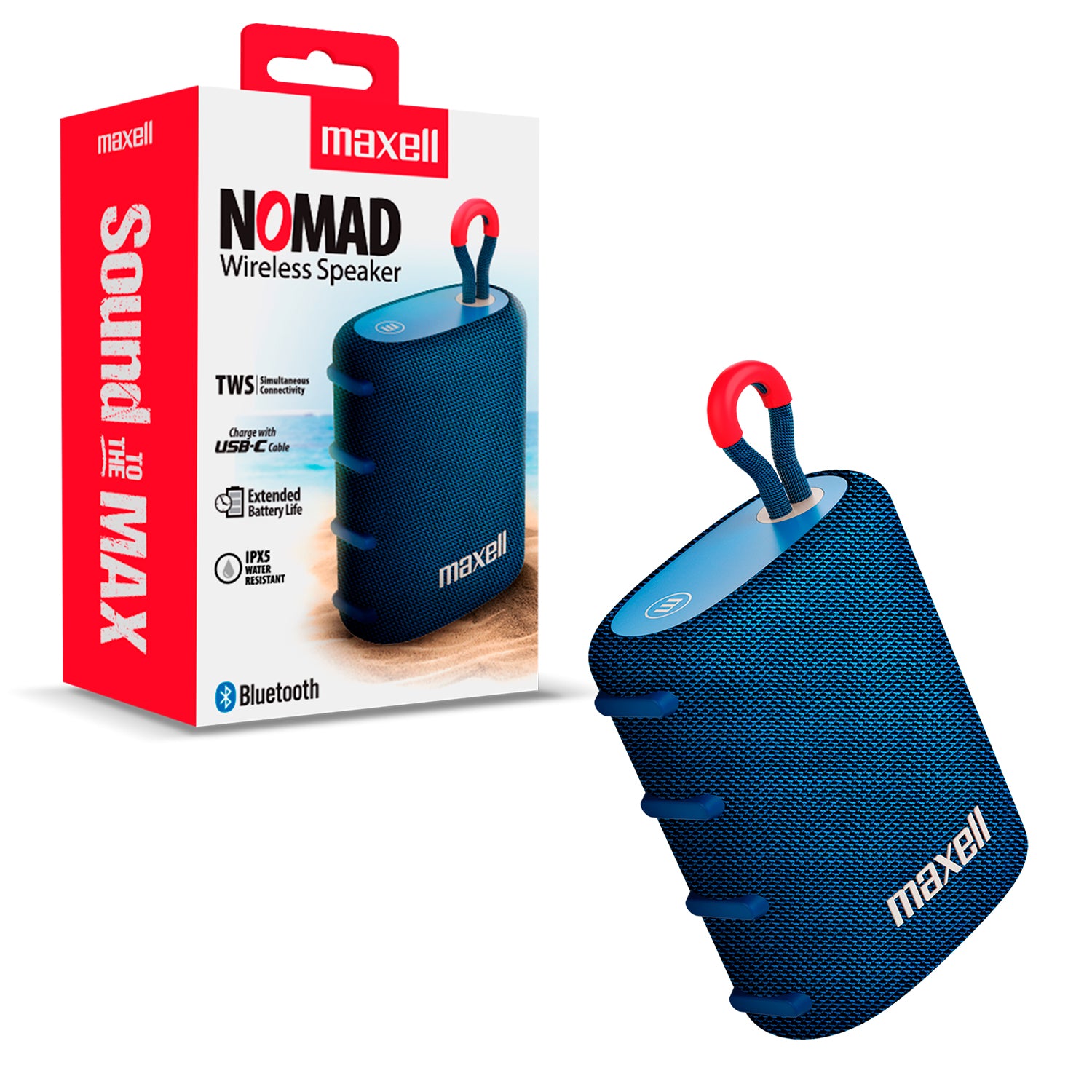 Parlante Portatil Maxell Nomad Bluetooth 5.2 TWS RMS 5W Duracion Bateria 15h Resistente al Agua IPX5