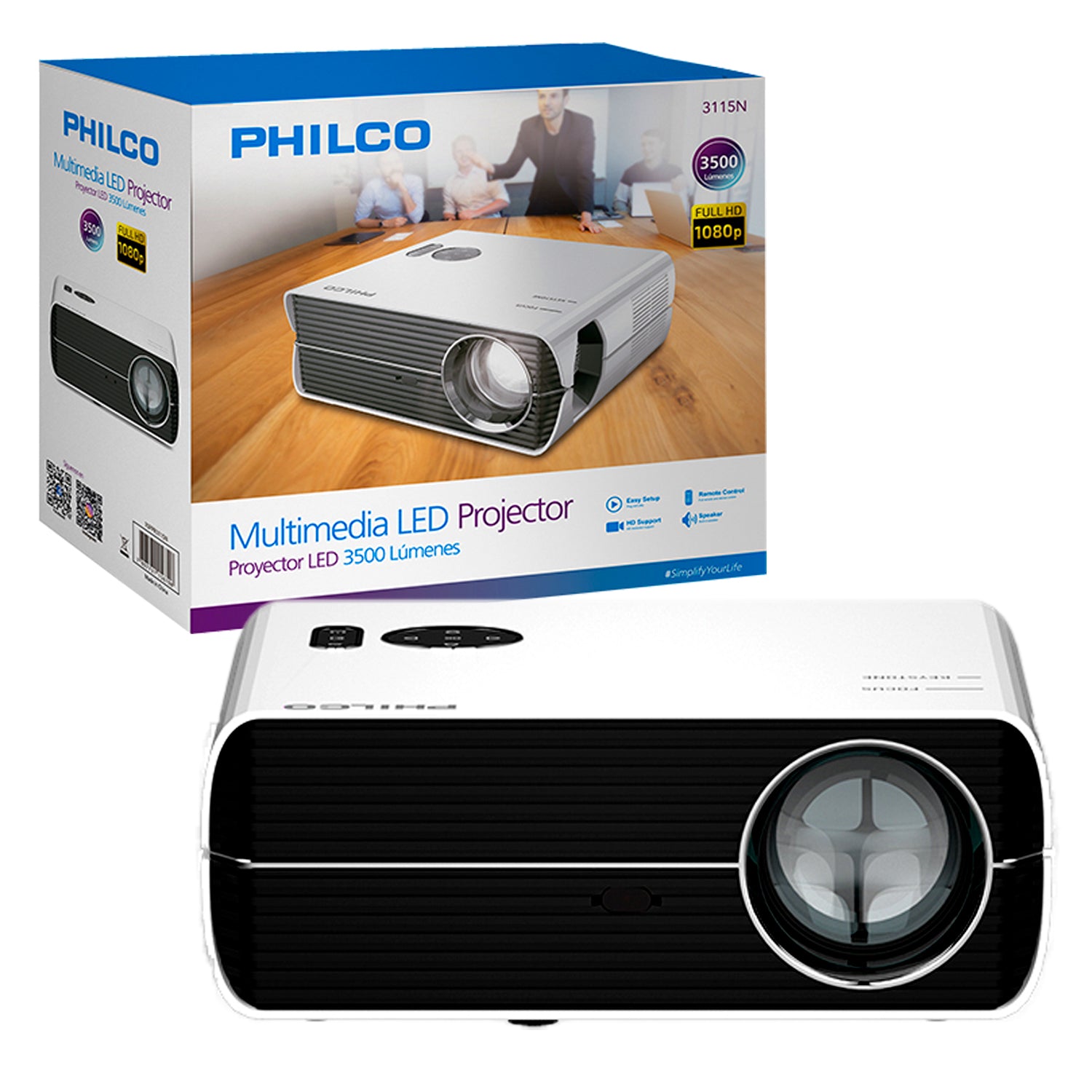 Proyector LED Philco 3115N FHD 3500 Lumenes Imagen 35" a 150" Contraste 4000:1 Conexión HDMI / USB