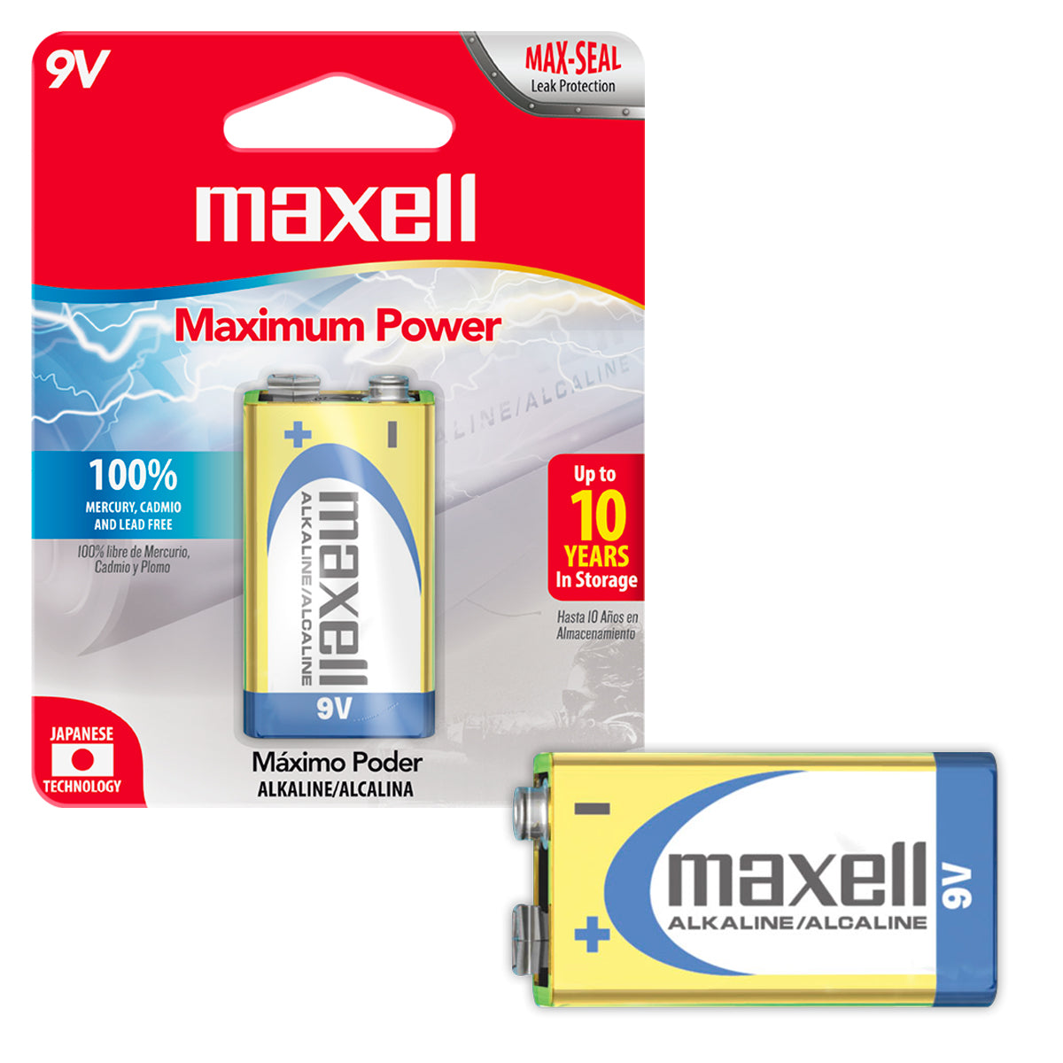 Pila 6LR61 9V Alcalina Rectangular Maxell 9V-1BP Maxima Durabilidad y Potencia Tecnologia Max-Seal