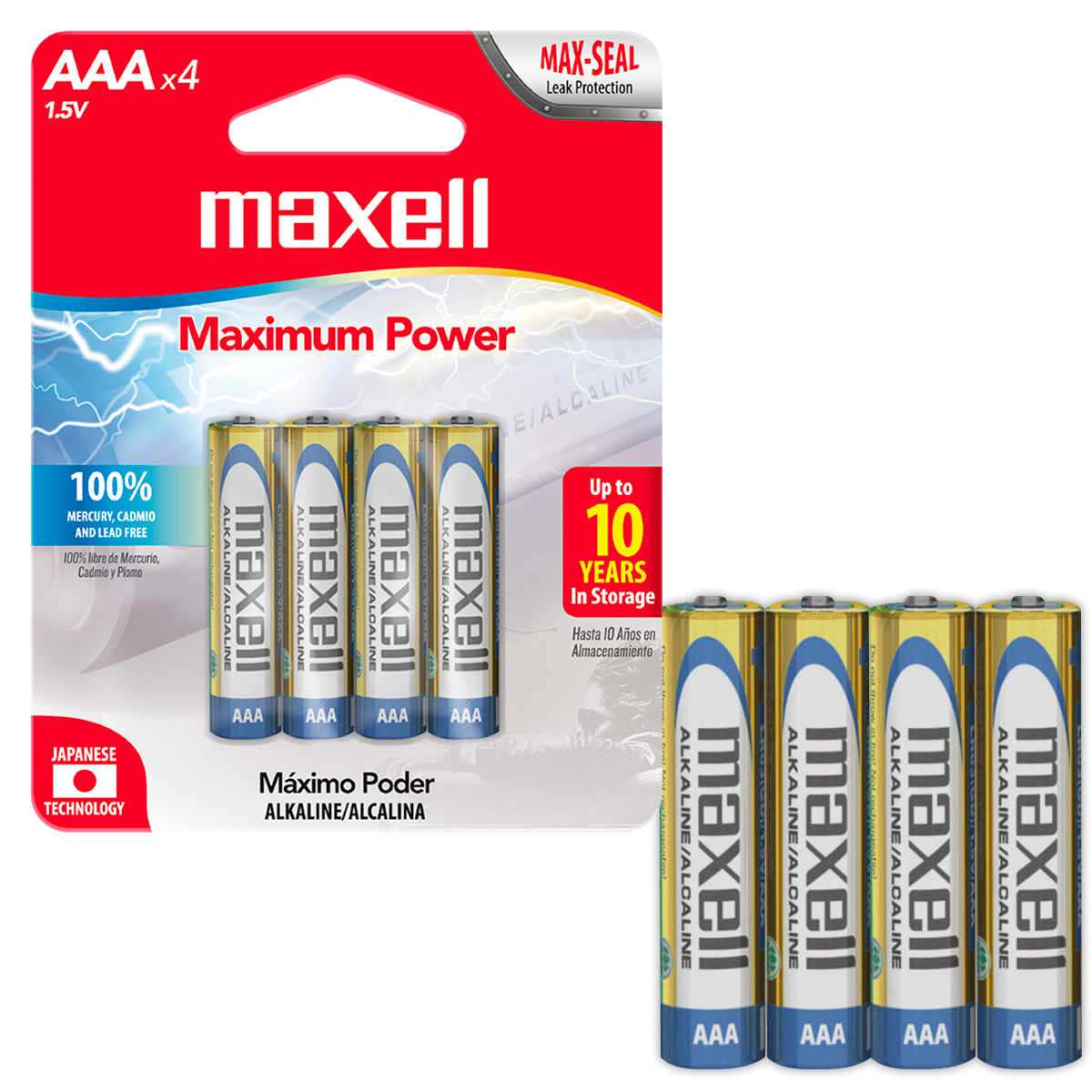 Pilas AAA LR03 x4 1.5V Alcalina Cilindrica Maxell Maxima Durabilidad y Potencia Tecnologia Max-Seal