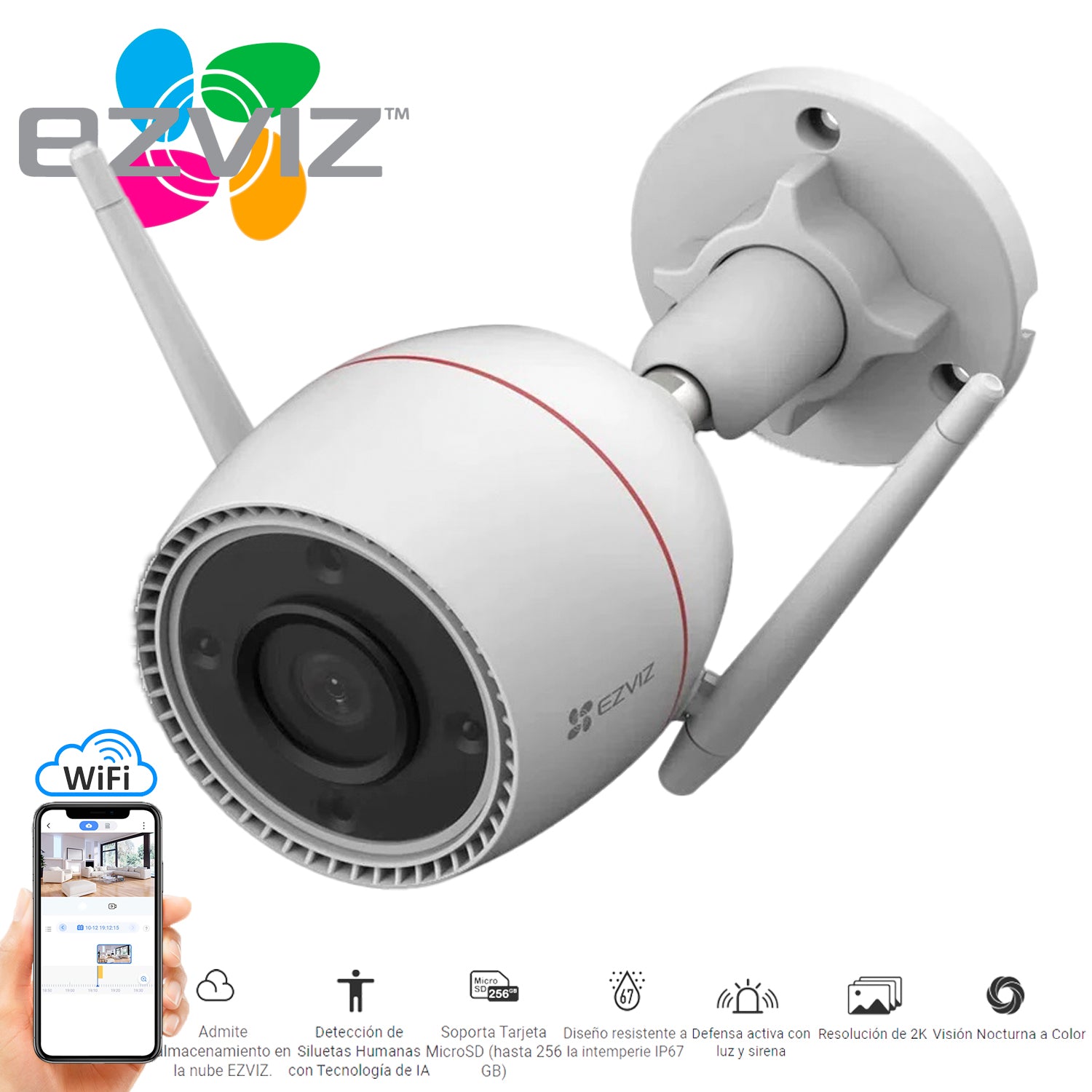 Camara Wifi IP C3TN Ezviz UHD 3MP Vision nocturna ColorVU Exterior IP67 Almacenamiento MicroSD-Nube