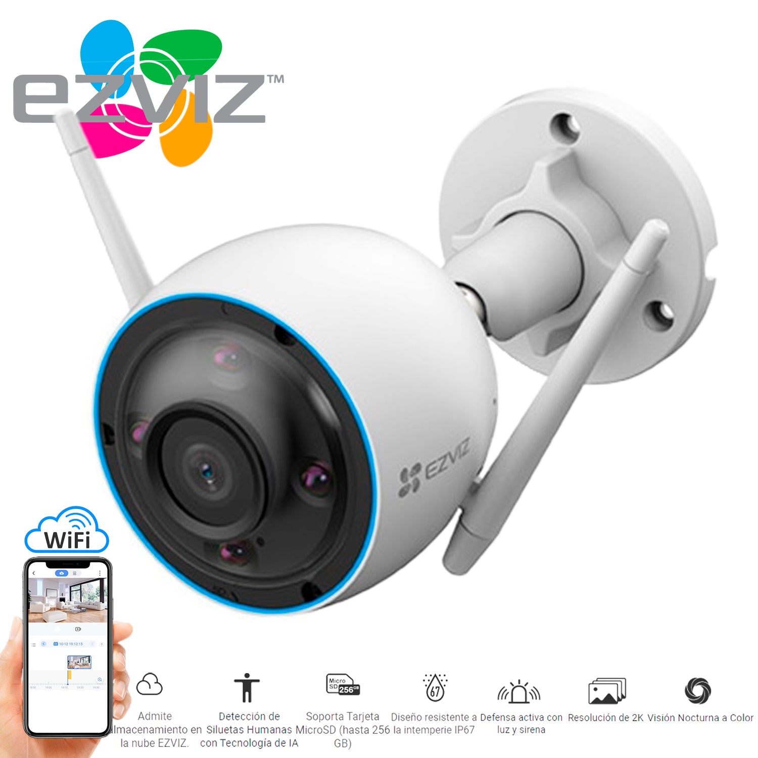 Camara Wifi IP CS-H3 Ezviz UHD 3MP Vision nocturna ColorVU Exterior IP67 Almacenamiento MicroSD-Nube