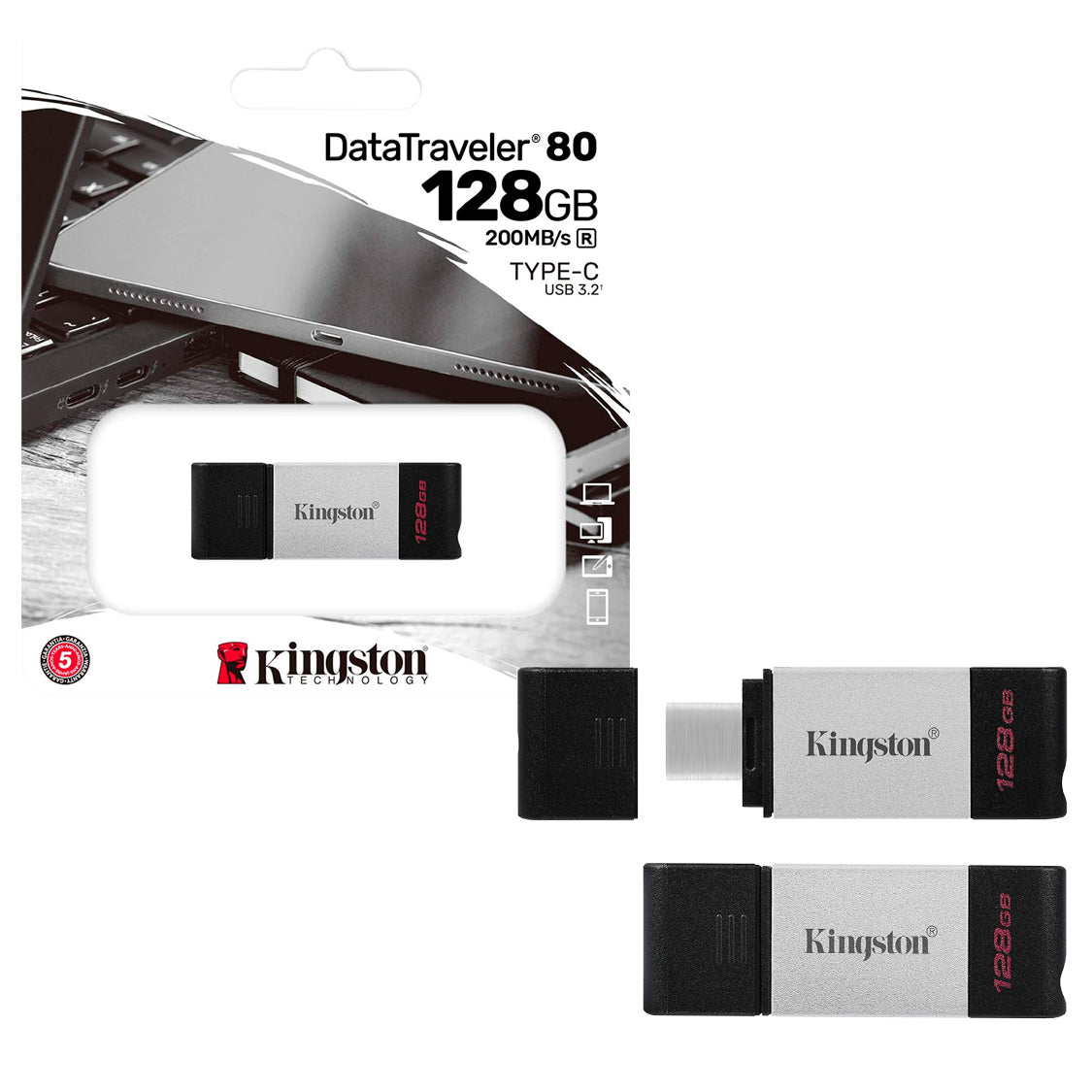 Pendrive USB 3.2 Tipo-C 128GB Kingston DataTraveler 80 Unidad Flash 200MB/s Compatible MAC y Windows