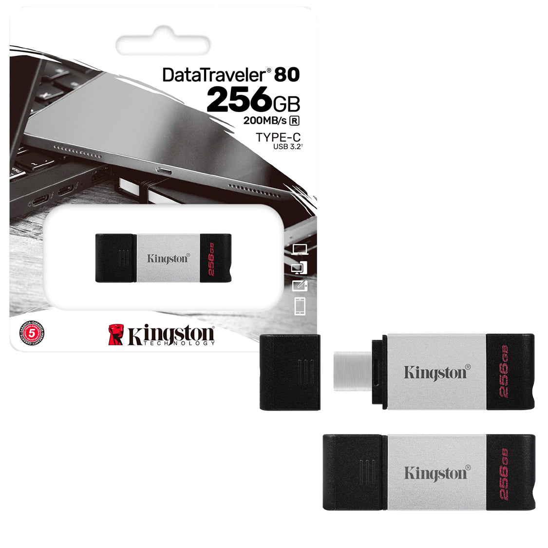 Pendrive USB 3.2 Tipo-C 256GB Kingston DataTraveler 80 Unidad Flash 200MB/s Compatible MAC y Windows