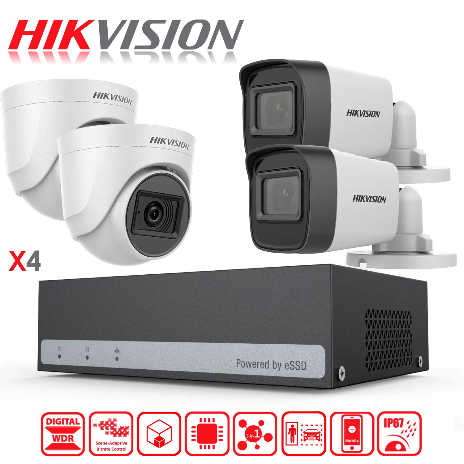 Kit de Camaras de Seguridad + DVR 4 Canales Hikvision Turbo HD eSSD 300GB 2 Camaras Bala 2 Domo