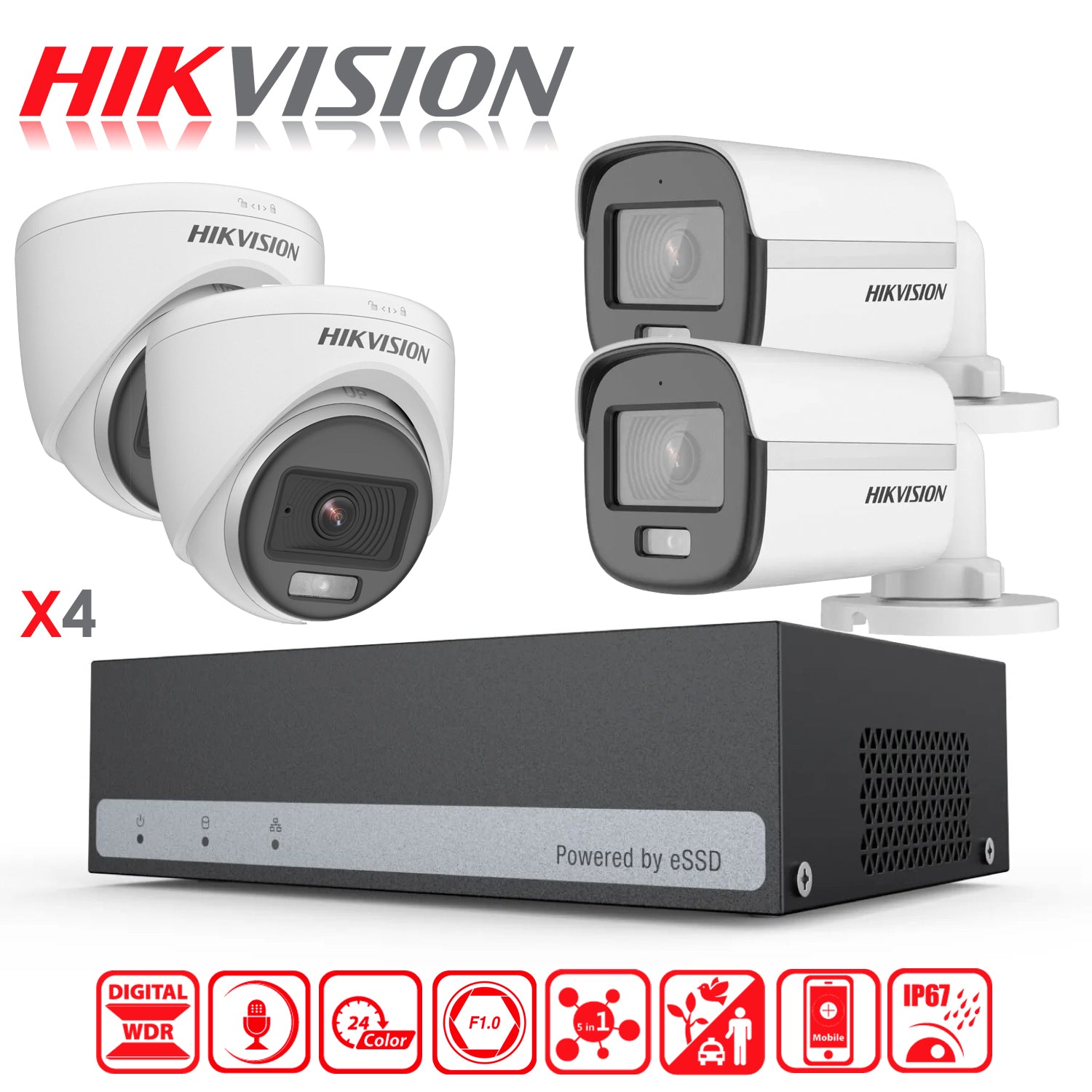 Kit de Camaras de Seguridad + DVR 4 Canales Color Vu Hikvision eSSD 300 GB FHD 2 Camaras Bala 2 Domo