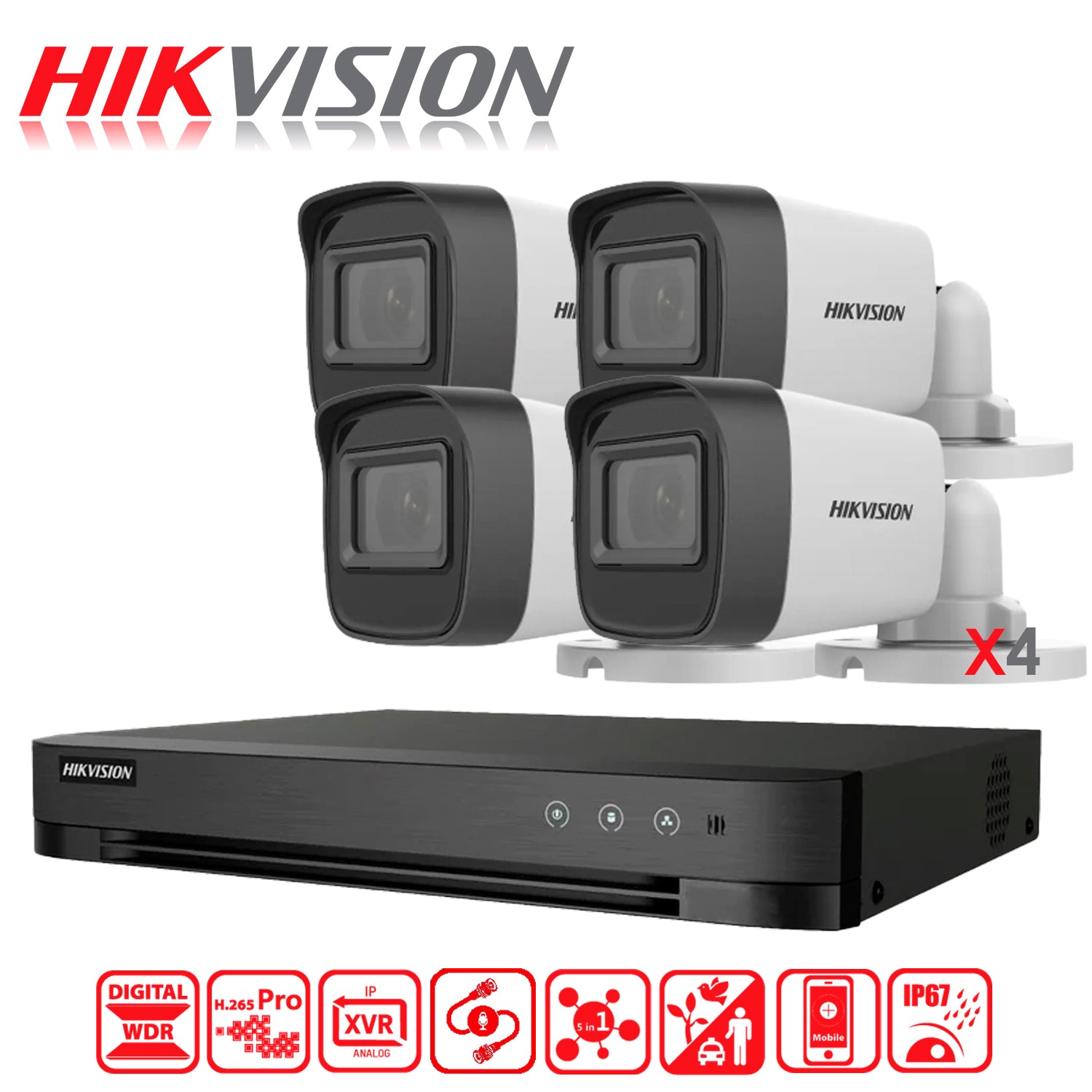 Kit de Camaras de Seguridad + DVR 4 Canales Hikvision Turbo Sata 1 TB FHD 4 Camaras Bala IP67 2 MP