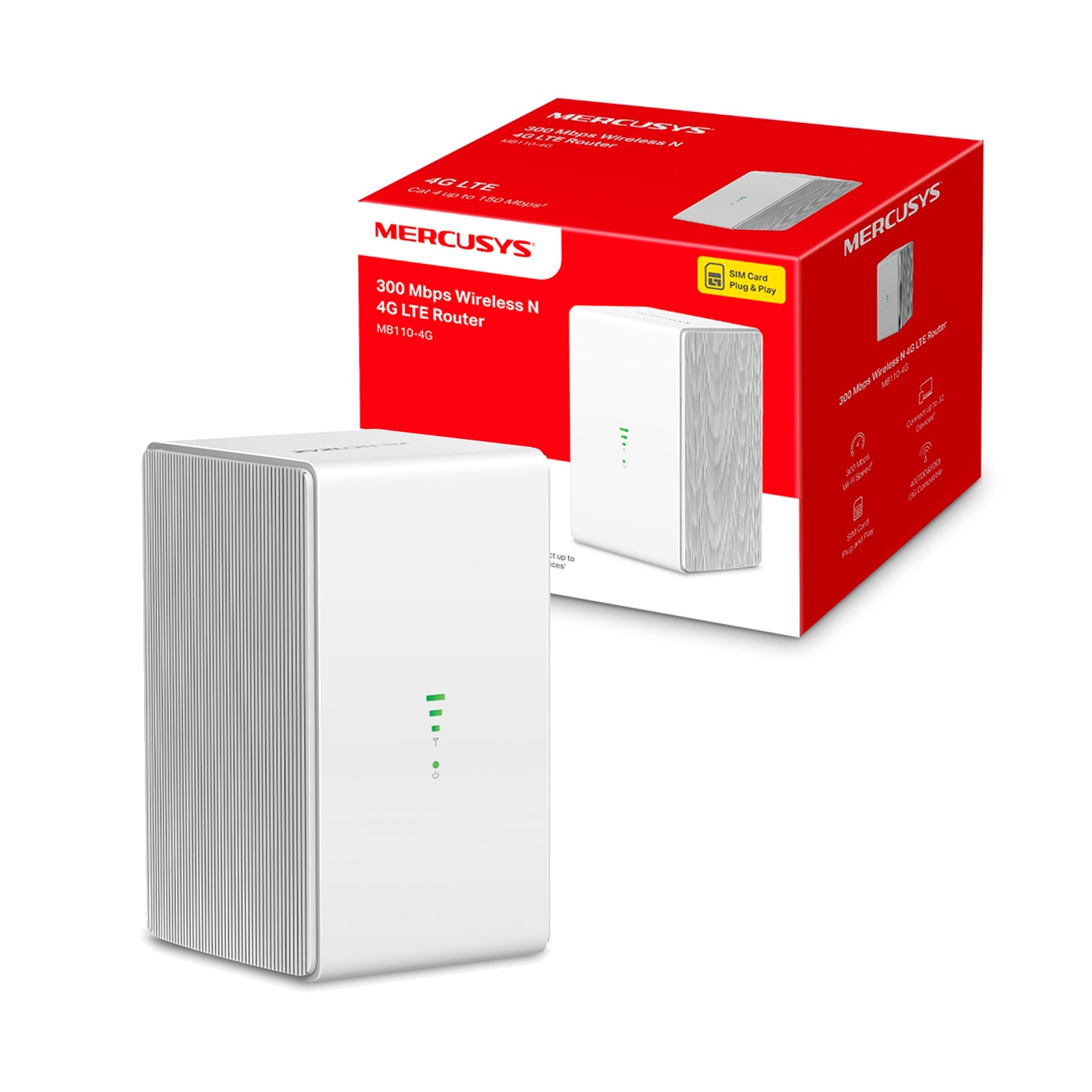 Router Inalambrico N Mercusys MB110-4G SIM 4G LTE FDD/TDD Velocidad 300Mbps Hasta 32 Dispositivos