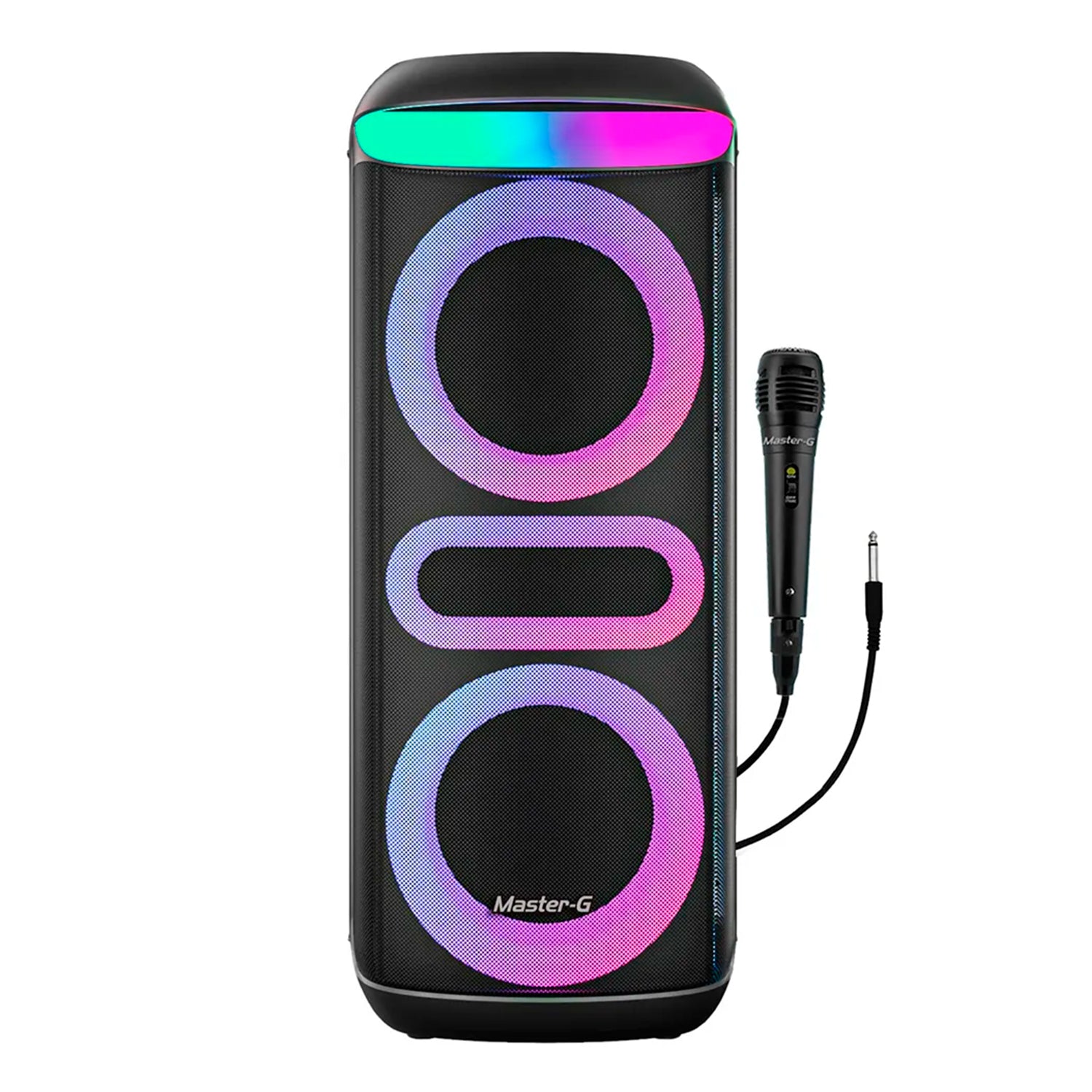 Parlante Karaoke Master-G MGZEUS Bluetooth 5.3 8in x2 Funcion TWS LED RGB + Microfono Alambrico