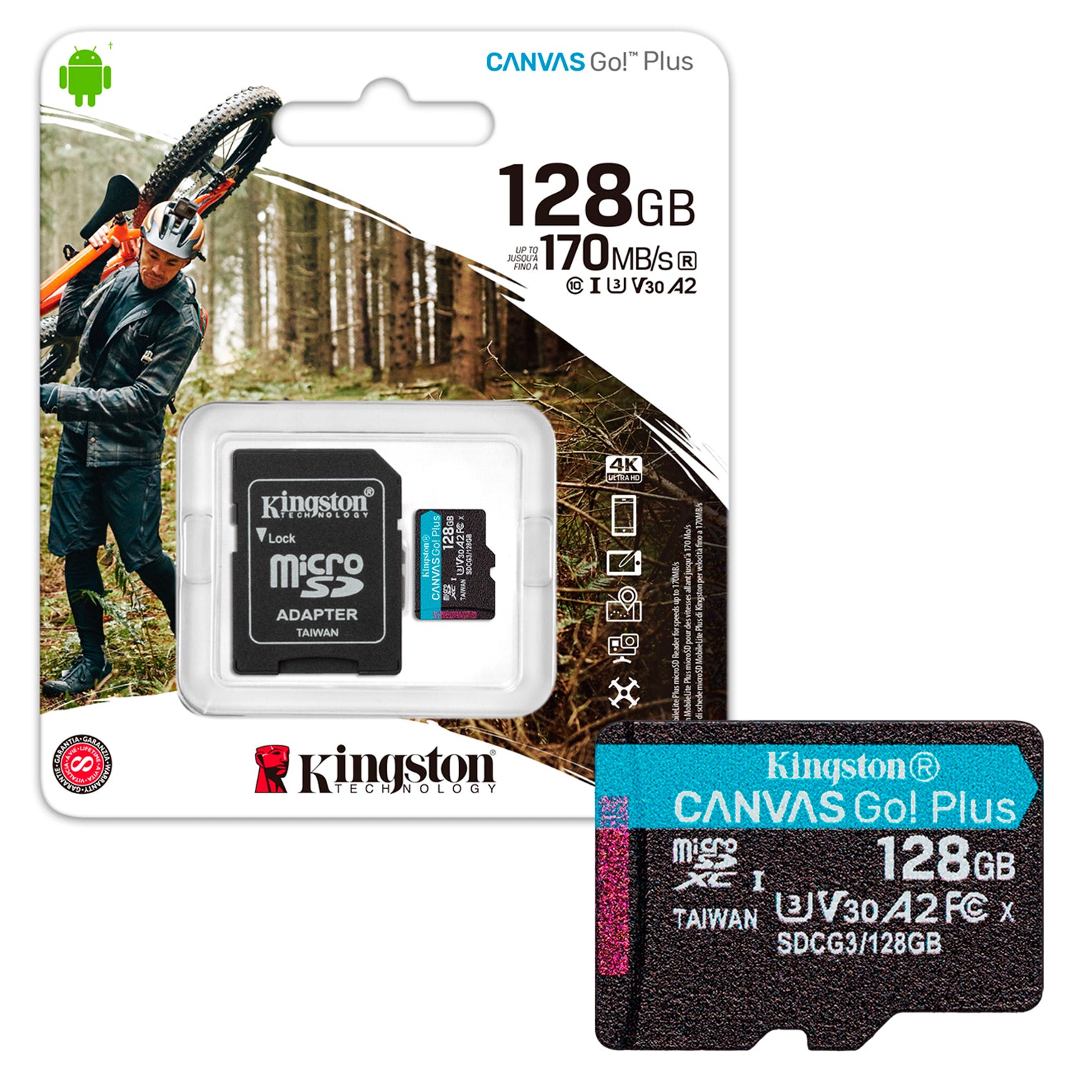 Tarjeta de Memoria MicroSDXC 128GB Kingston Canvas Go Plus Clase 10 A2 UHS-1 4K 170MB/s + Adaptador