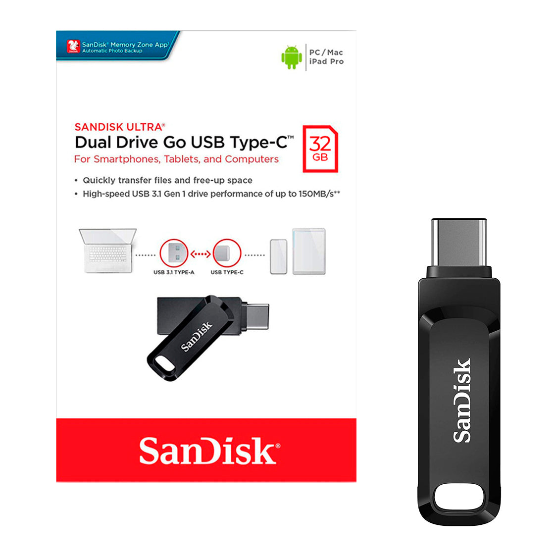 Pendrive SanDisk USB 3.2 Gen 1 32GB Ultra Dual Drive Go 2 en 1 USB Tipo-C Tipo-A 150MB/s