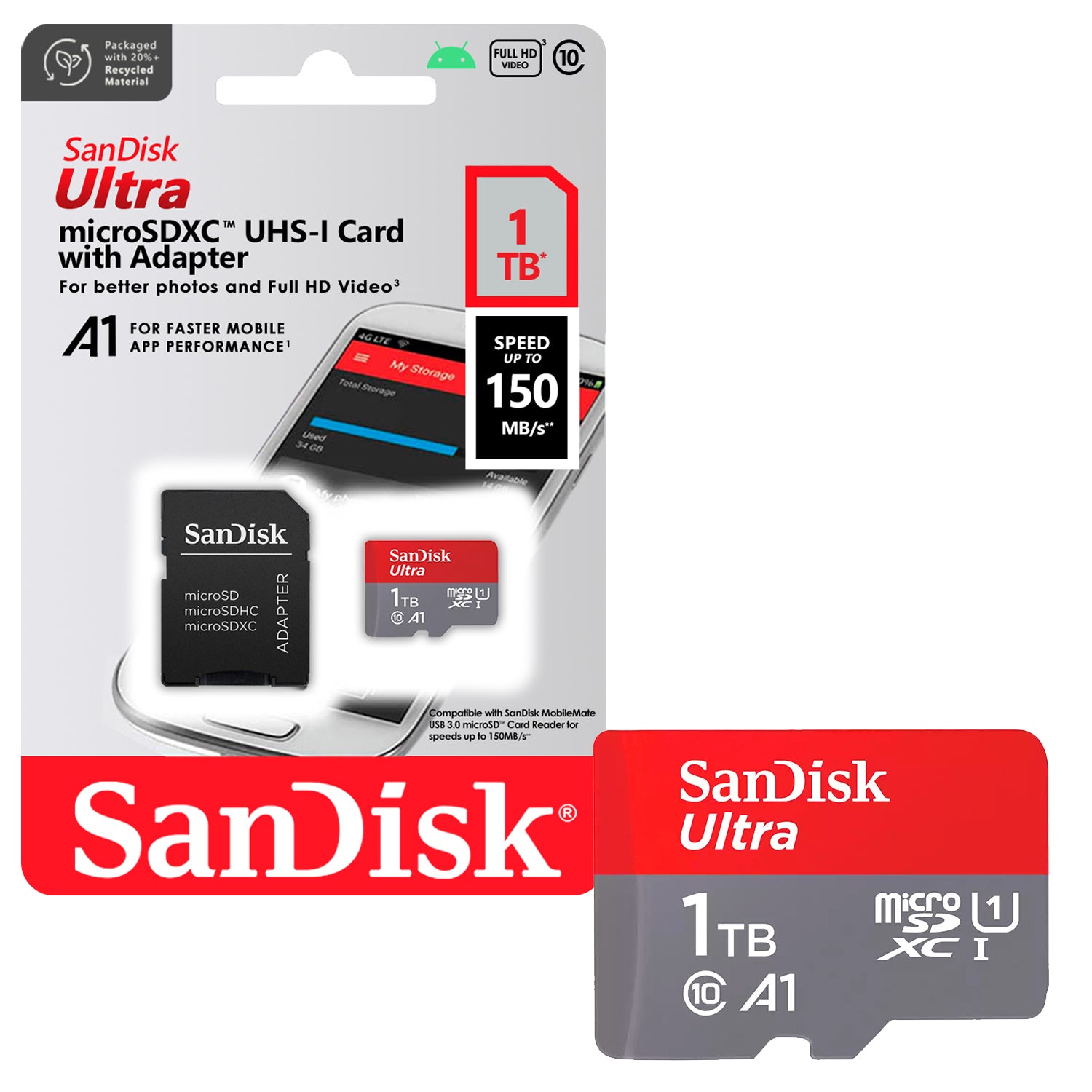 Tarjeta de Memoria MicroSDXC 1TB SanDisk Ultra Clase 10 UHS-I A1 FHD 150MB/s + Adaptador