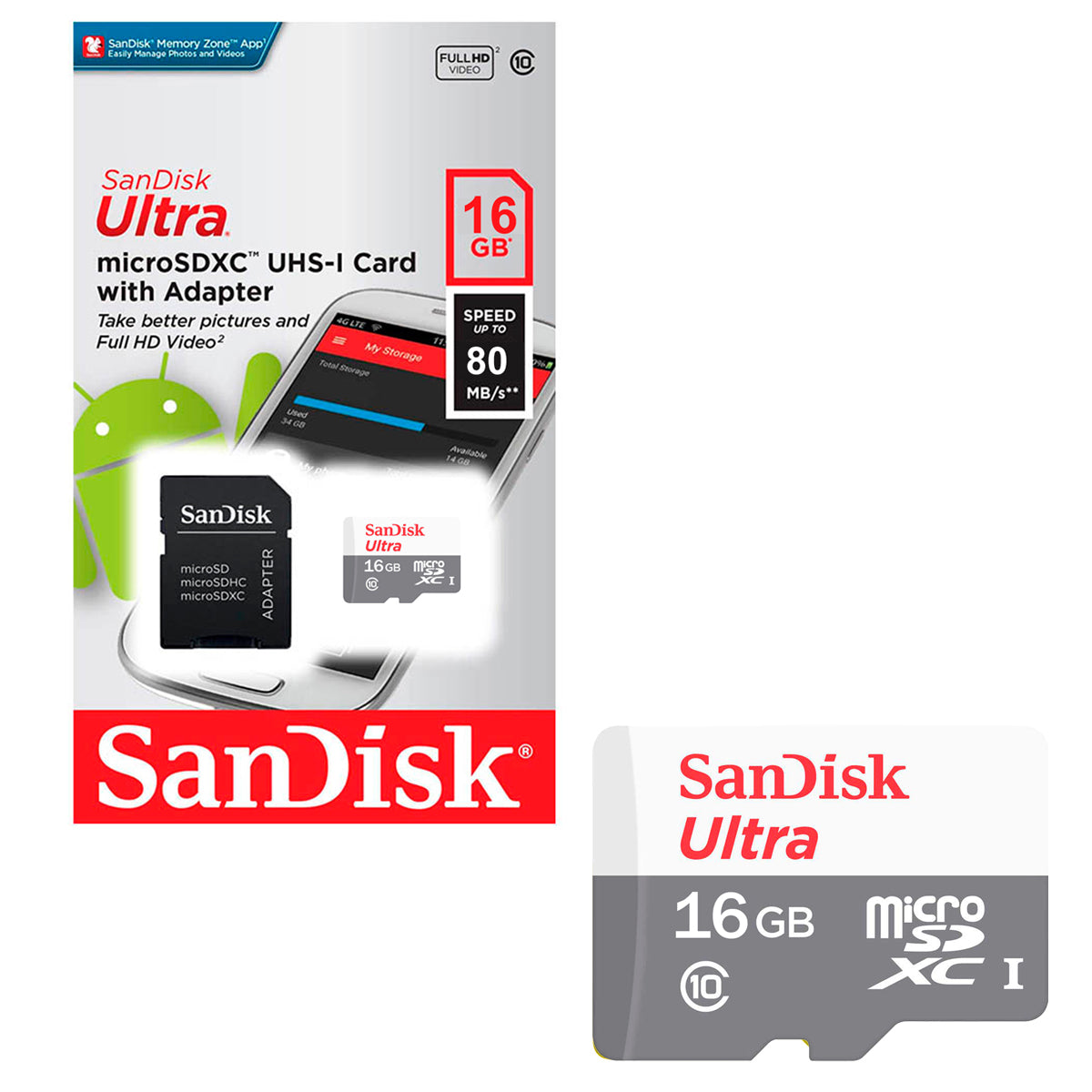 Tarjeta De Memoria MicroSD 16GB Sandisk Ultra SDHC Clase 10 + Adaptador 80mb/s Multiples Usos