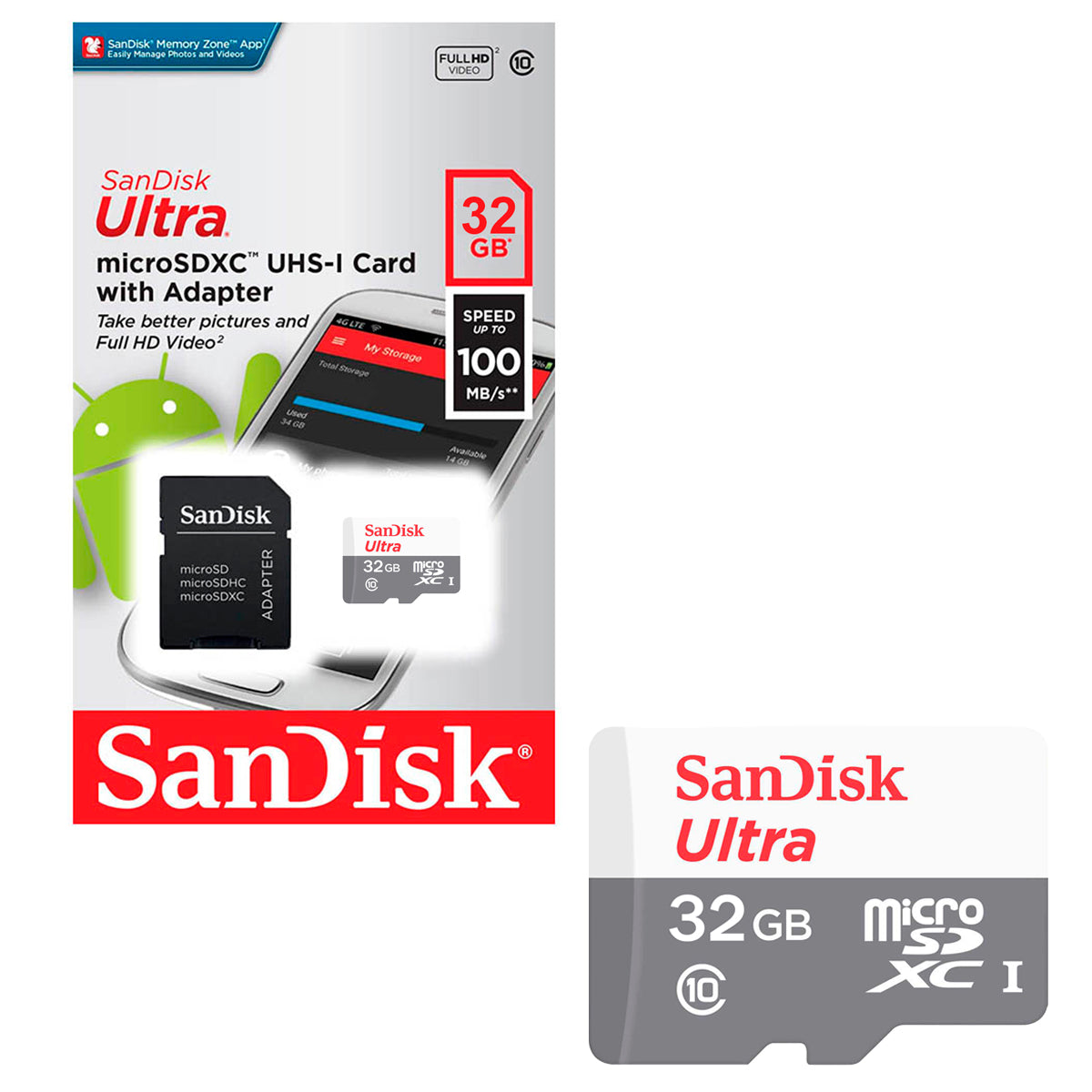 Tarjeta De Memoria MicroSD 32GB Sandisk Ultra SDHC Clase 10 + Adaptador 100mb/s Multiples Usos