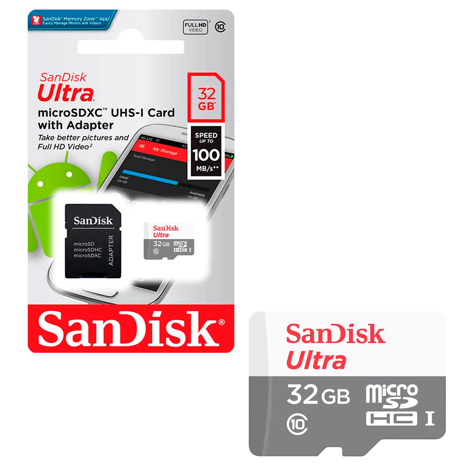 Tarjeta de Memoria MicroSDHC 32GB Sandisk Ultra Clase 10 UHS-I FHD 100MB/s + Adaptador Multiuso