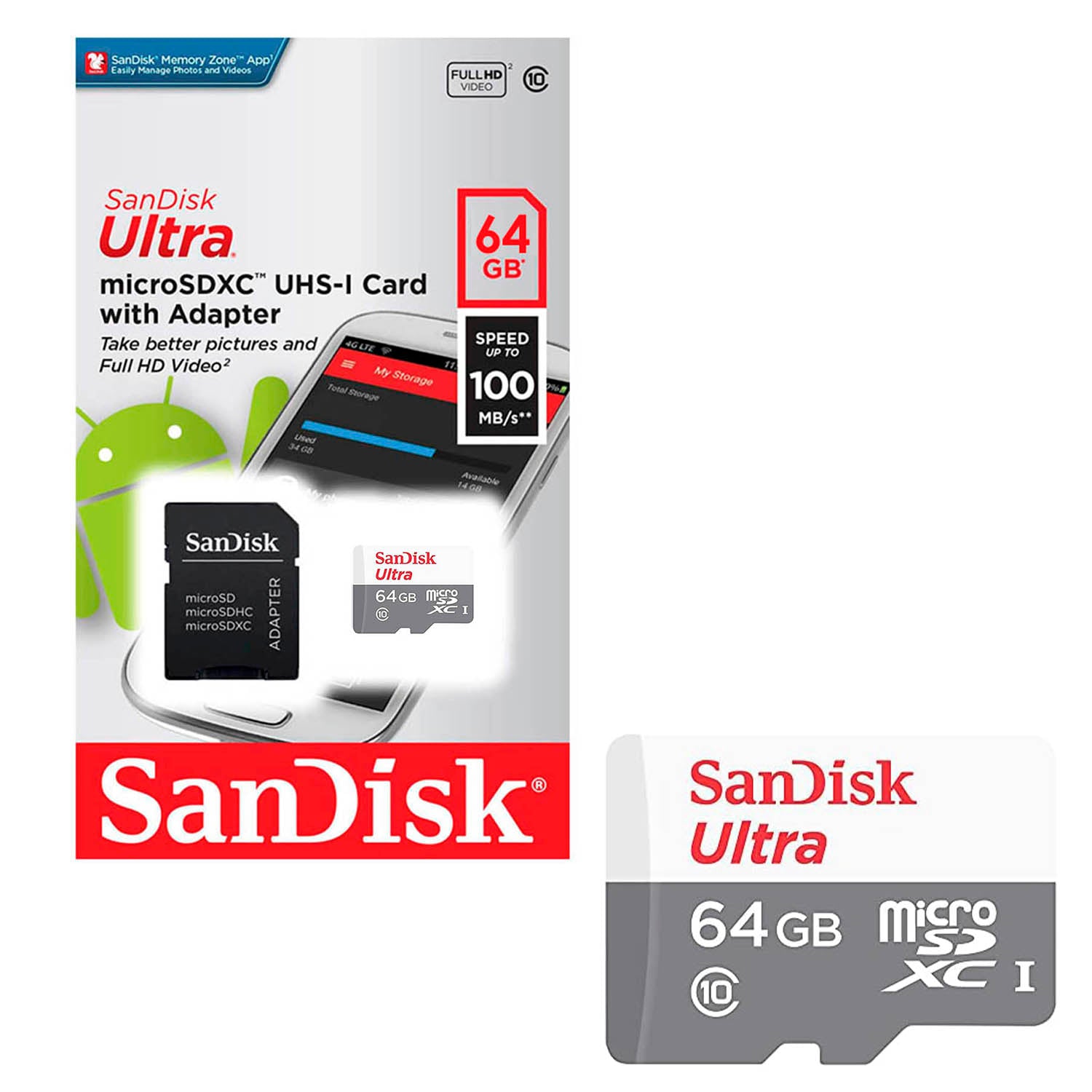 Tarjeta de Memoria Ultra Lite MicroSDXC 64GB SanDisk UHS-I card Clase 10 100Mb/s + Adaptador