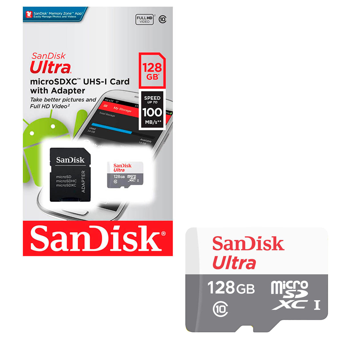 Tarjeta De Memoria MicroSD 128GB Sandisk Ultra SDXC Clase 10 + Adaptador 100mb/s Multiples Usos