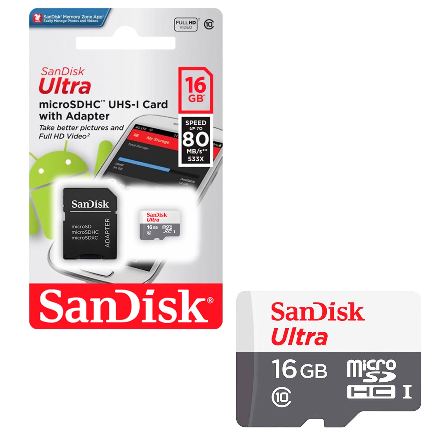 Tarjeta de Memoria MicroSDHC SanDisk 16GB Ultra Clase 10 UHS-I 80MB/s + Adaptador Multiuso