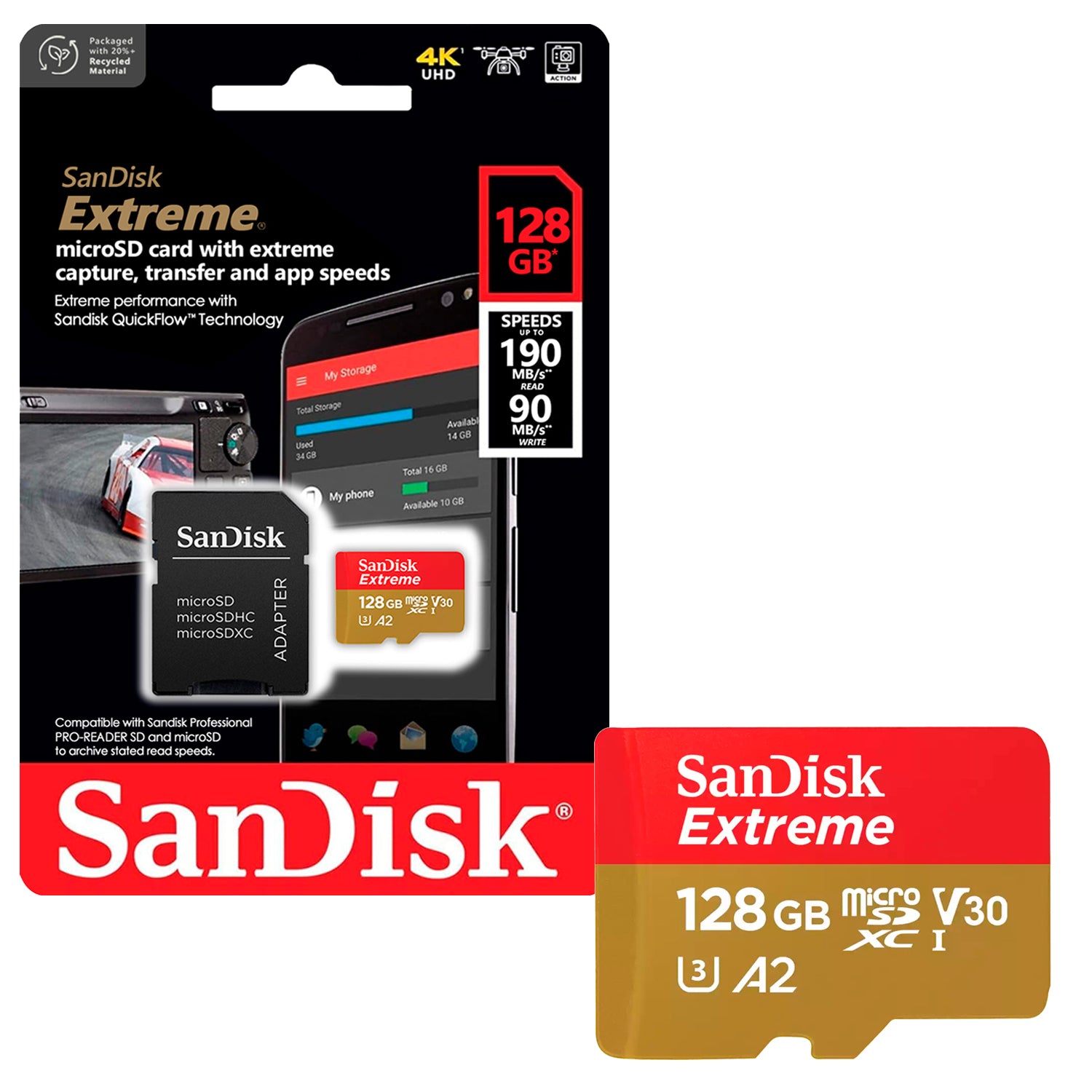 Tarjeta de Memoria MicroSDXC 128GB SanDisk Extreme UHS-I A2 V30 U3 4K 190MB/s + Adaptador