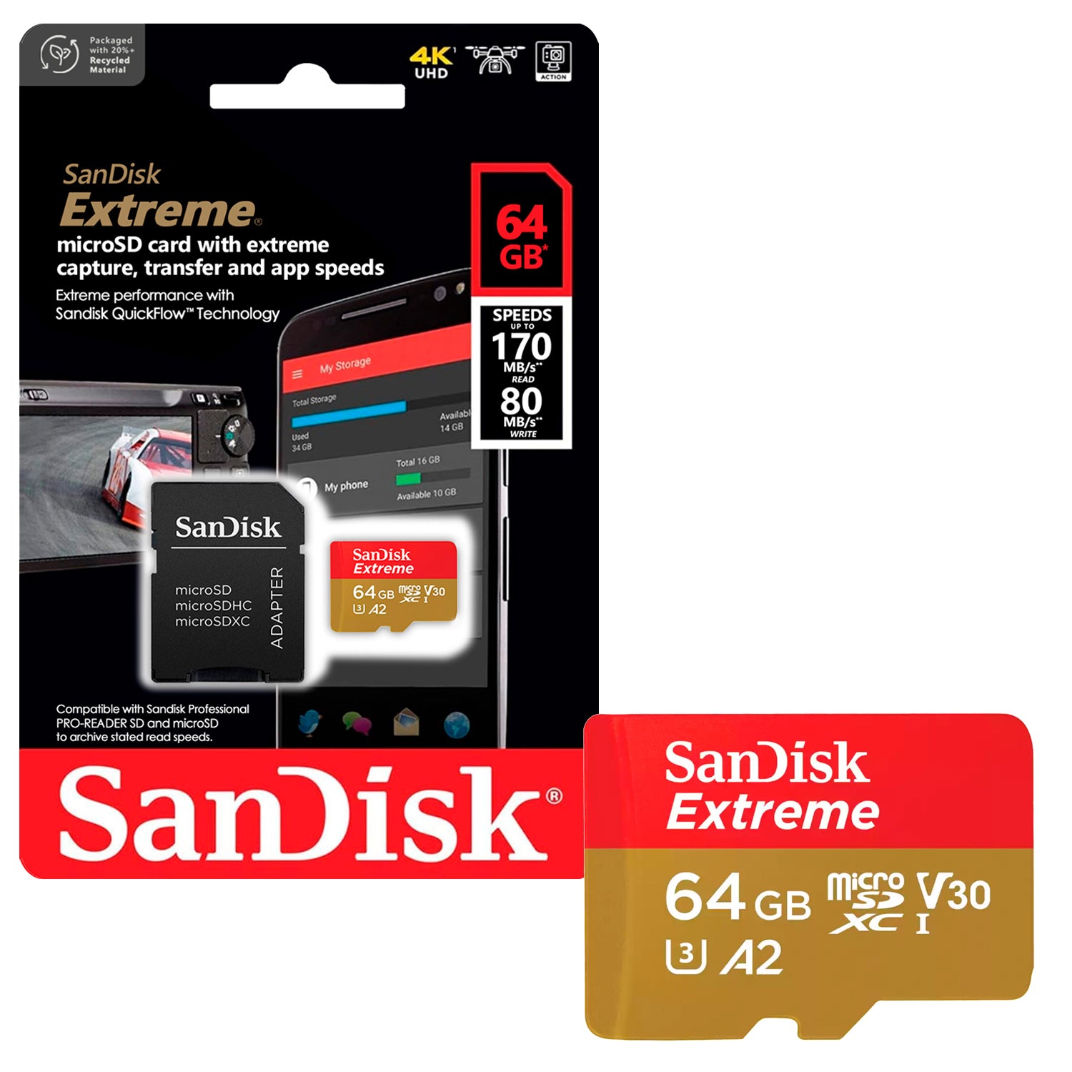 Tarjeta de Memoria MicroSDXC 64GB SanDisk Extreme UHS-I A2 V30 U3 4K 170MB/s + Adaptador