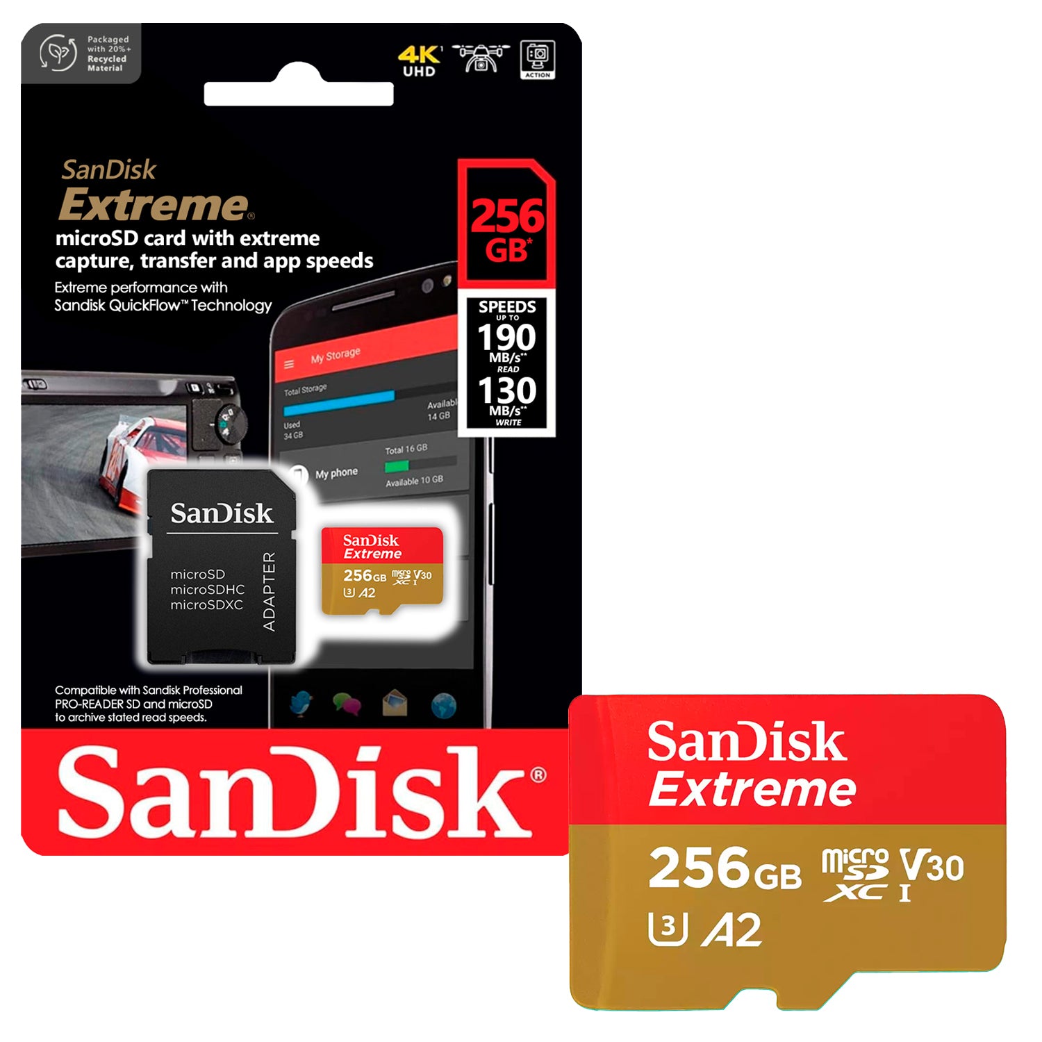 Tarjeta de Memoria MicroSDXC 256GB SanDisk Extreme UHS-I A2 V30 U3 4K 190MB/s + Adaptador