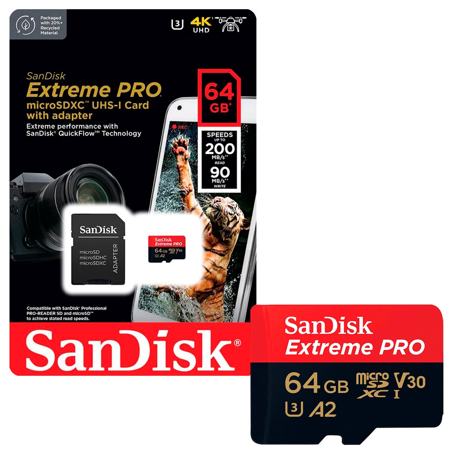 Tarjeta de Memoria MicroSDXC 64GB SanDisk Extreme Pro C10 UHS-I A2 V30 U3 4K 200MB/s + Adaptador