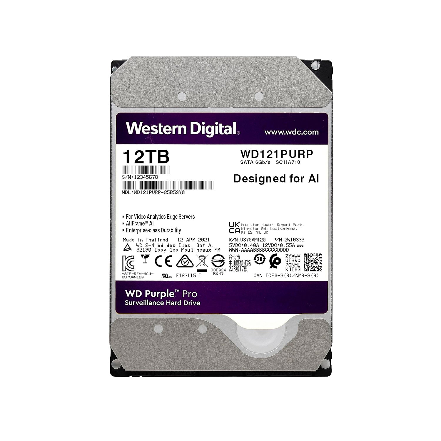 Disco Duro Interno Western Digital Purple Pro 12TB 7200Rpm Cache 256MB Vigilancia [ WD121PURP ]