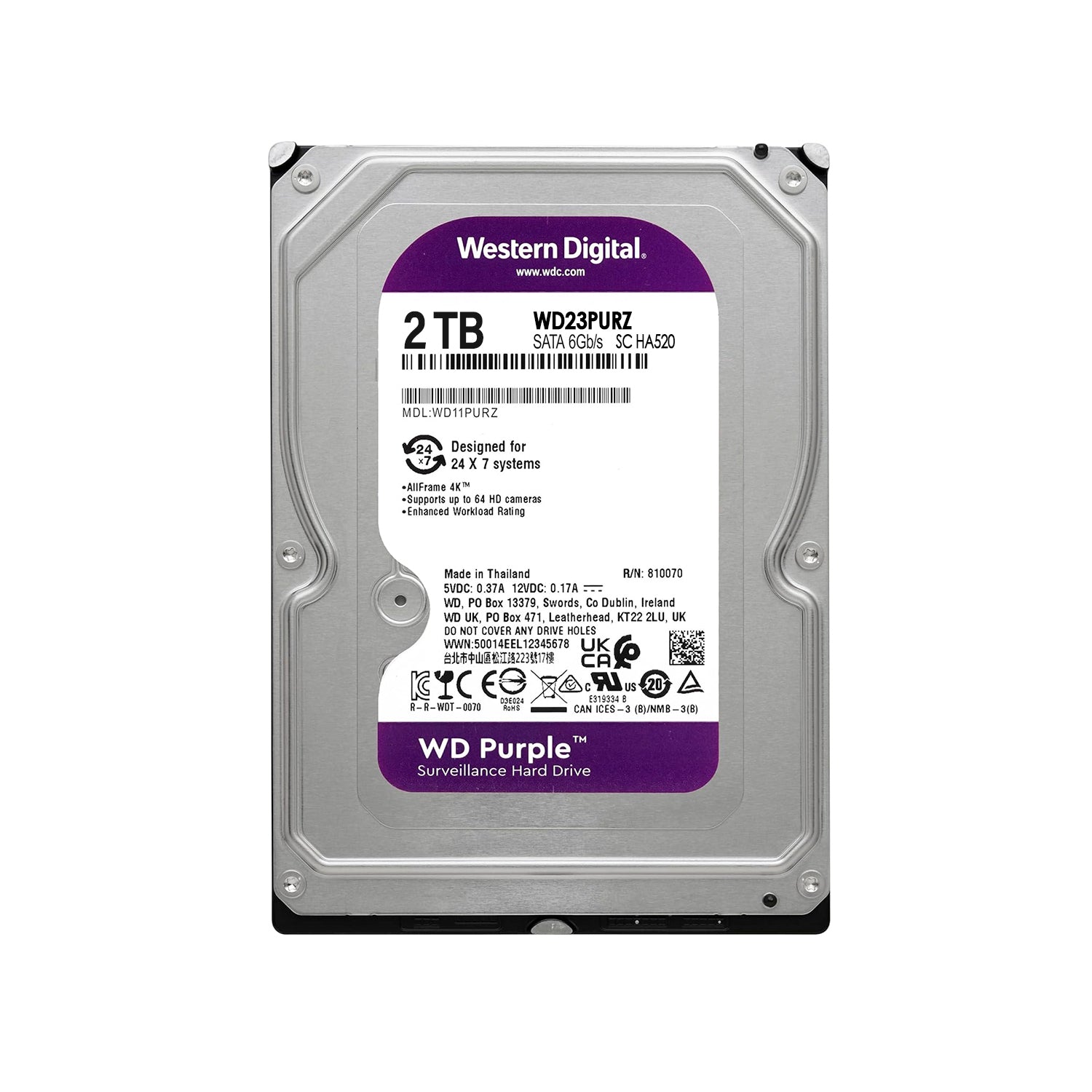 Disco Duro Interno Western Digital Purple 2TB 3.5" SATA 3 Cache 64MB PC/DVR/NVR [ WD23PURZ ]